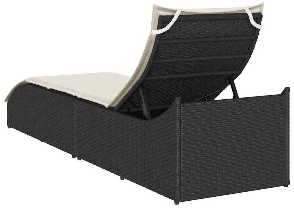 fekete polyrattan összecsukható napozóágy párnával és tárolóval