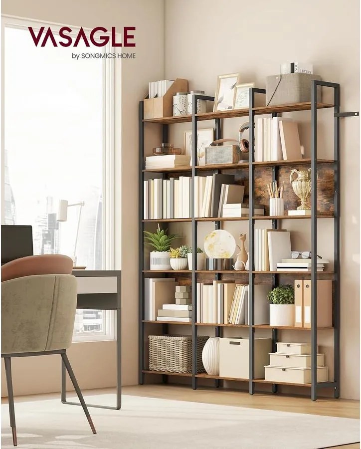 VASAGLE könyvespolc, állópolc 6 nyitott polcszinttel 24x128x187,1 cm, vintage barna–tintafekete