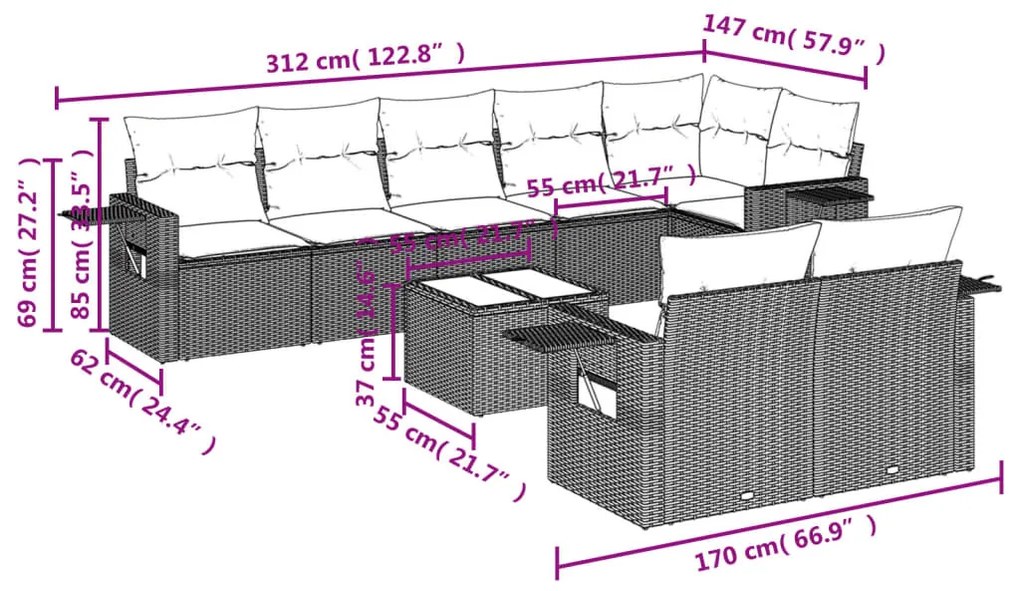 9-részes szürke polyrattan kerti ülőgarnitúra párnákkal