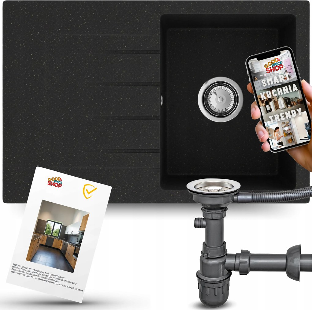 Egymedencés Gránit Mosogató Csepegtetővel Fekete-arany +szifon 3az1ben