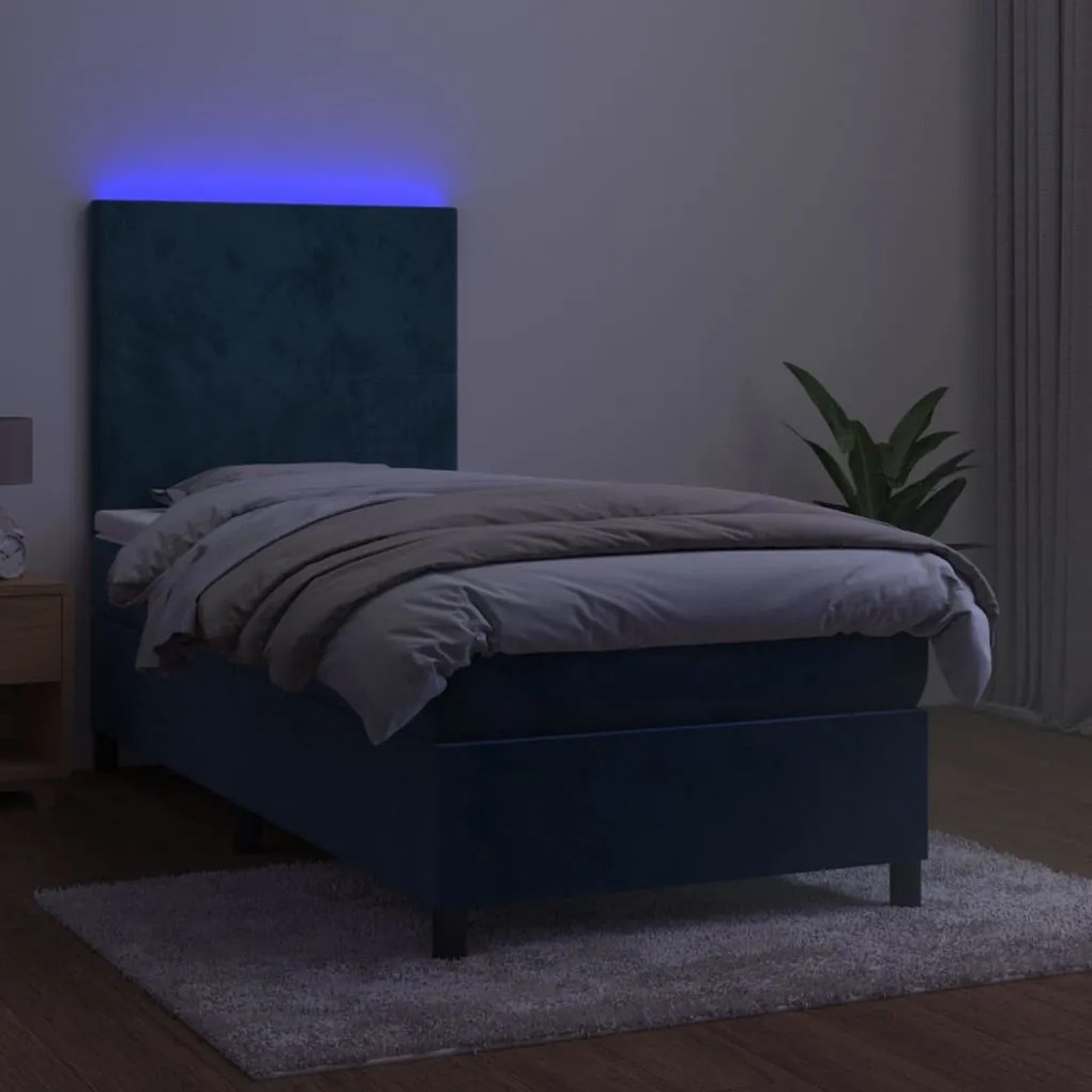 sötétkék bársony rugós és LED-es ágy matraccal 90x190 cm