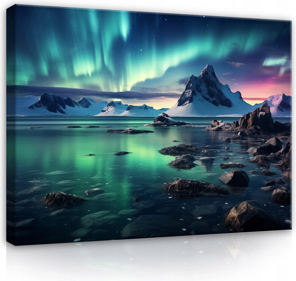 Vászonkép 80x60 Északi fény Aurora Borealis éjszaka hegyek víz mágia kozmosz