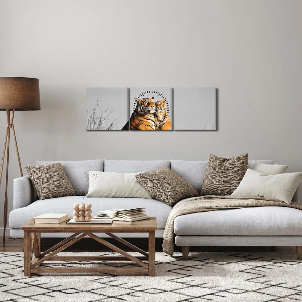 Kép - Tigris és a kölyke, fekete-fehér változat (órával) (90x30 cm)