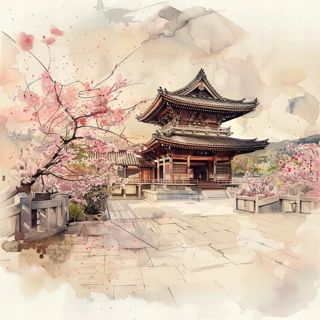 Vászonkép Canvas Japán Virágzó Templom Cseresznye Akvarell 80x80