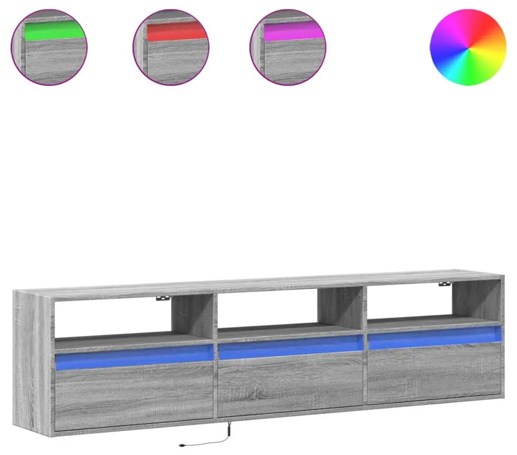szürke sonoma színű fali TV-szekrény LED-del 180 x 31 x 45 cm