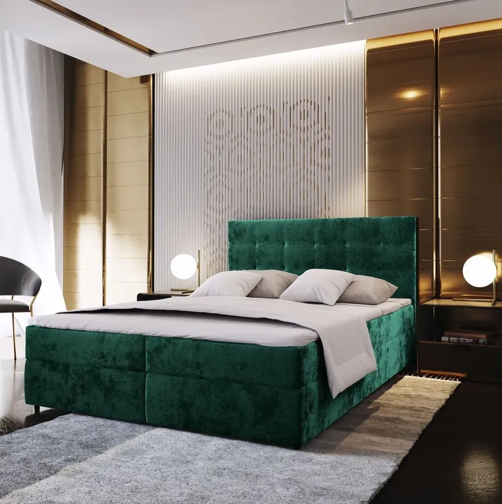 Kárpitozott boxspring ágy GLORIEN VELVET 140x200 cm sötétzöld Matrac: Bonell rugós matrac