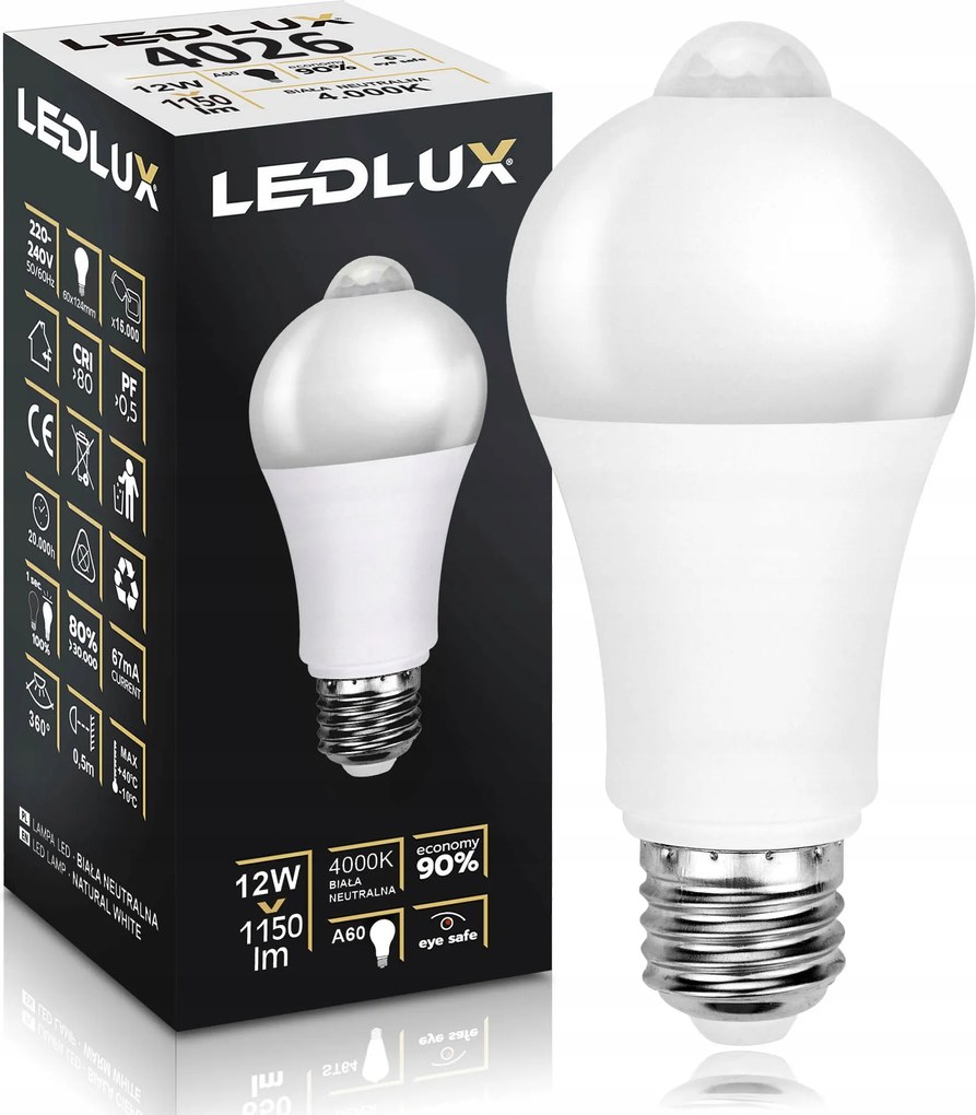 Led izzó E27 Pir A60 12W fehér semleges alkonyati mozgásérzékelő