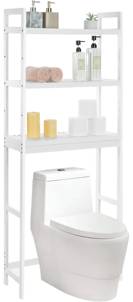 Mosógép feletti tárolószekrény, bambusz fürdőszoba szekrény, fehér 63x26x163cm
