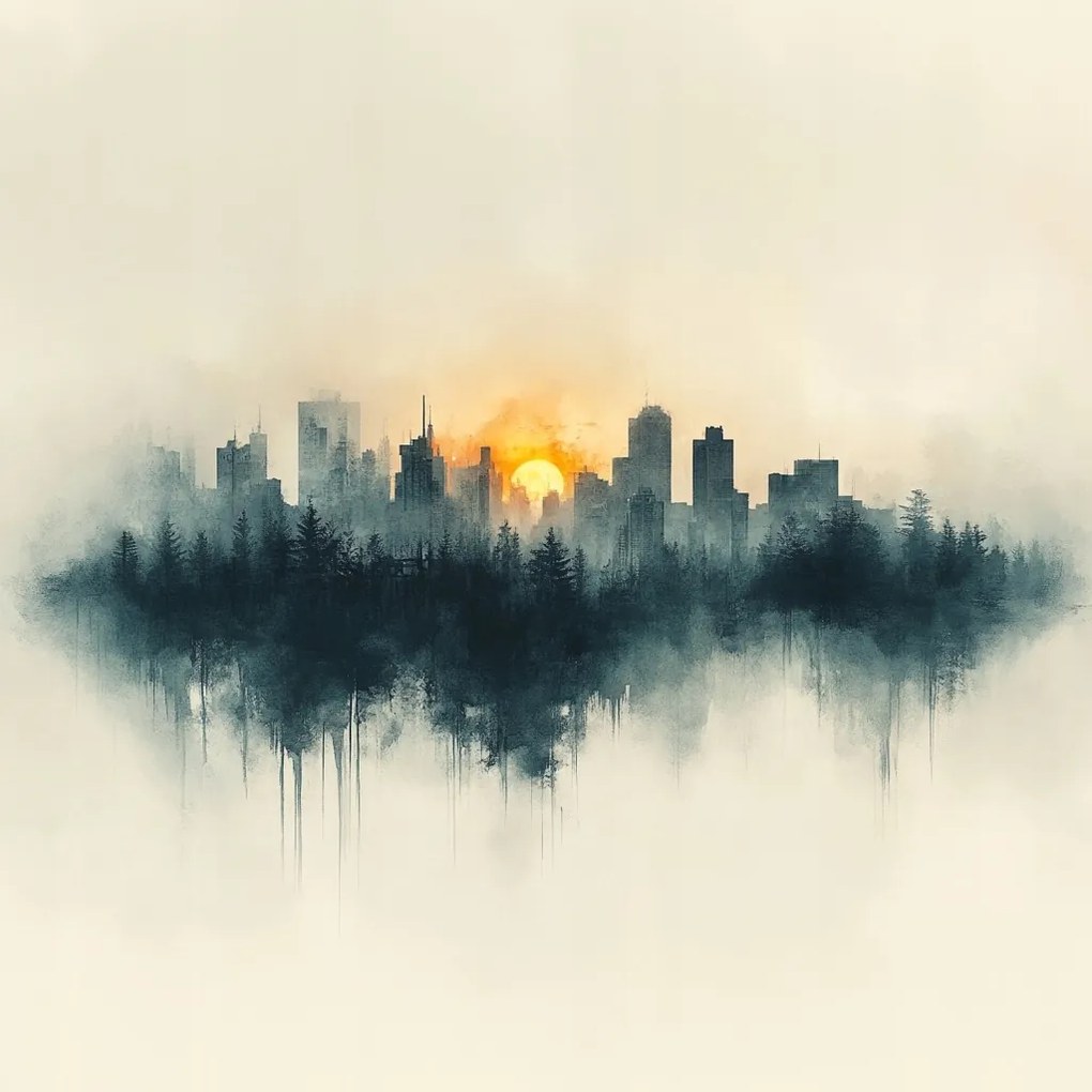 Vászonkép Canvas Grafika Város Panoráma Nap Erdő Akvarell 40x40