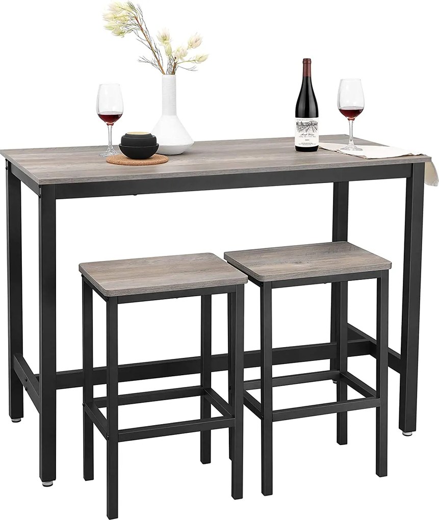 Bárasztal 2 bárszékkel, bárpult 120 x 90 x 60 cm, szürke és fekete