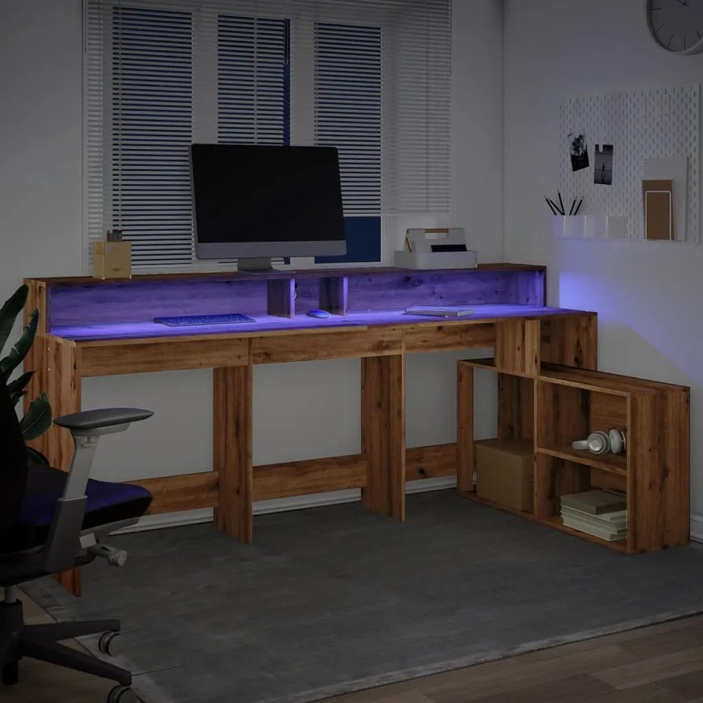 kézműves tölgy színű szerelt fa LED-es íróasztal 200x104x91 cm