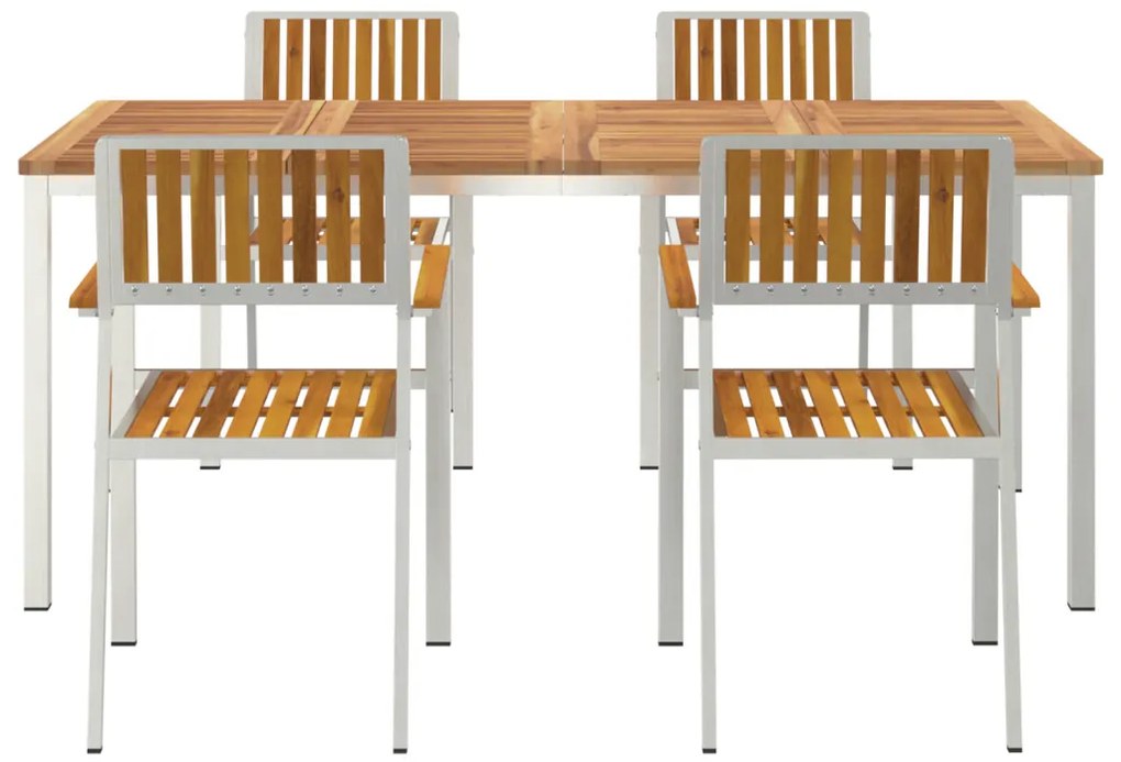 5 darabos kert étkező szett tömör akácfa, kültéri étkező asztal 180x90x75 cm tömör akácfából, rakásolható kert székek 4 db tömör akácfa és fém