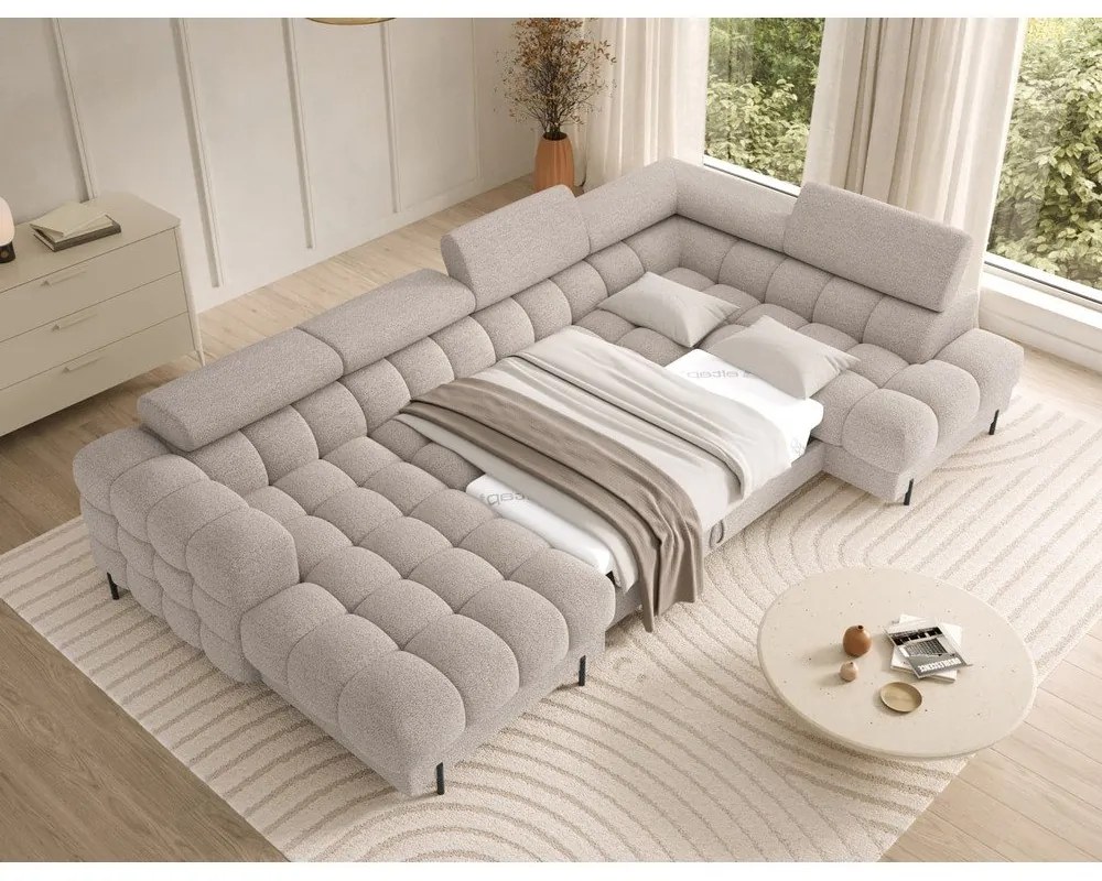 Bézs buklé kinyitható sarokkanapé (jobb oldali-U alakú) Feraria – ELTAP