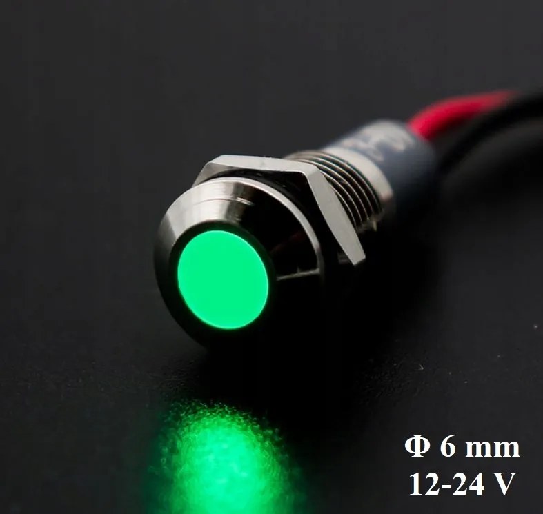 Jelzőlámpa ezüst Led jelzőfény zöld 12V 24V 6mm