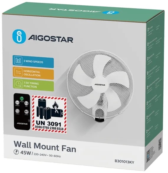 Aigostar - Fali ventilátor 45W/230V fehér + távirányító