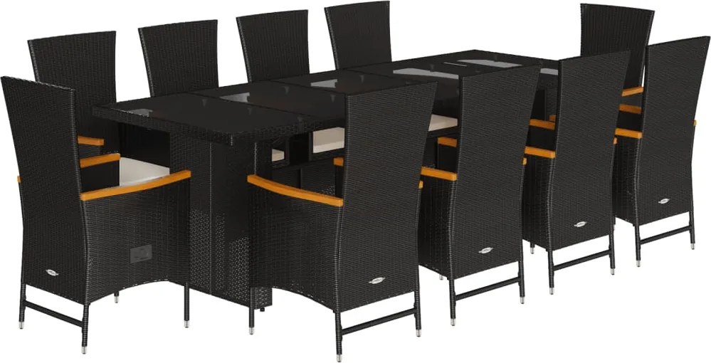 vidaXL 11 részes fekete polyrattan kerti étkezőgarnitúra párnákkal