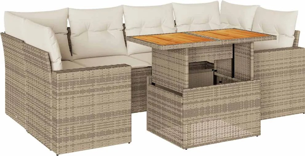 vidaXL 7 részes bézs polyrattan kerti ülőgarnitúra párnákkal