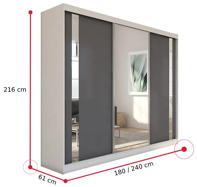 GAJA tolóajtós ruhásszekrény tükörrel, fehér/grafit + Halk zárórendszer, 240x216x61