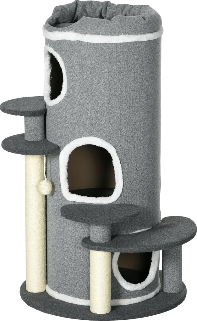 PawHut 99 cm macska fa 3 búvóhellyel, játékgolyóval, jutaoszlopokkal, platformmal, többszintes kaparófával, mászó fával közepes macskák számára, szürk