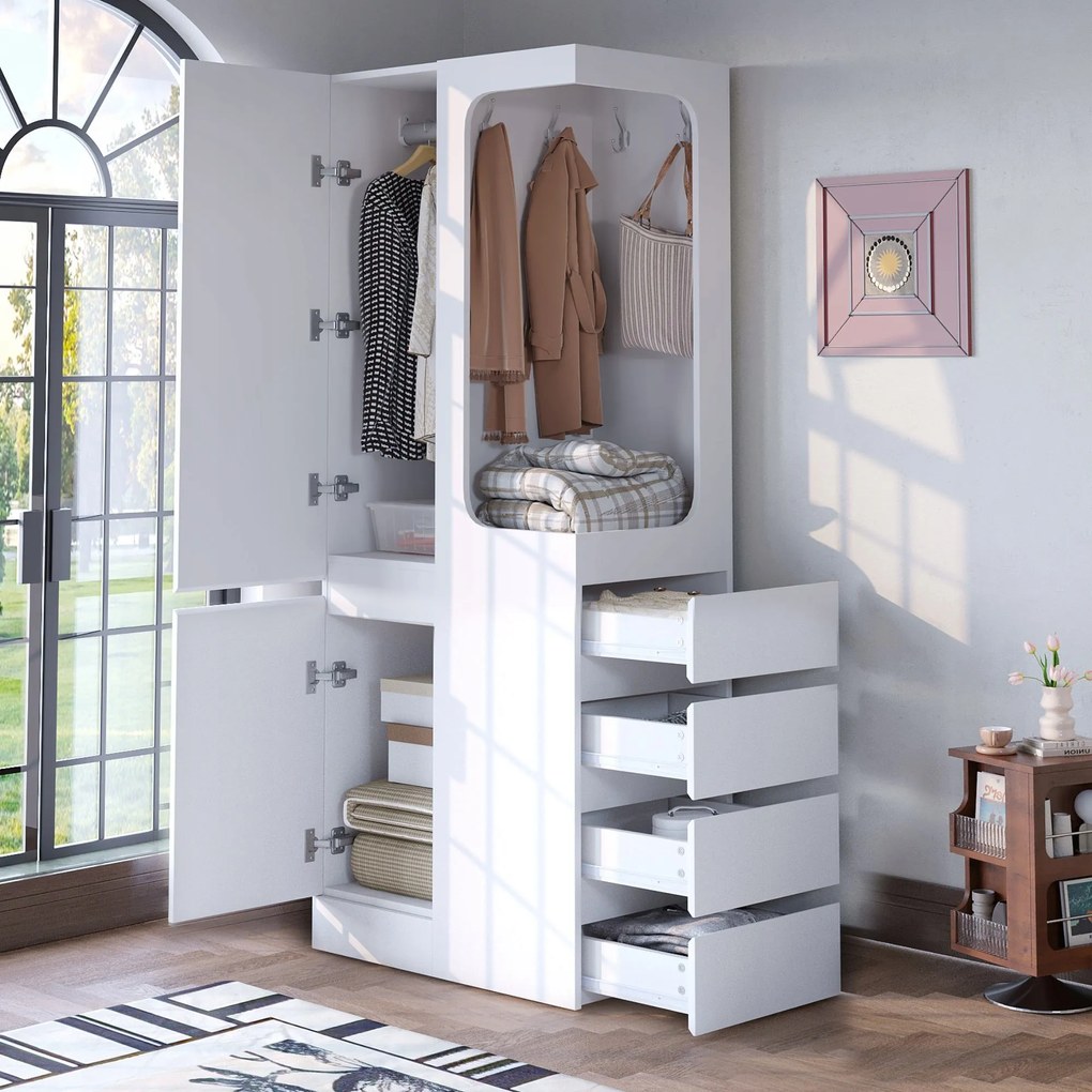 Szekrény 70 x 40 x 170 cm, fiókokkal és tárolórekeszekkel Egyajtós, fehér