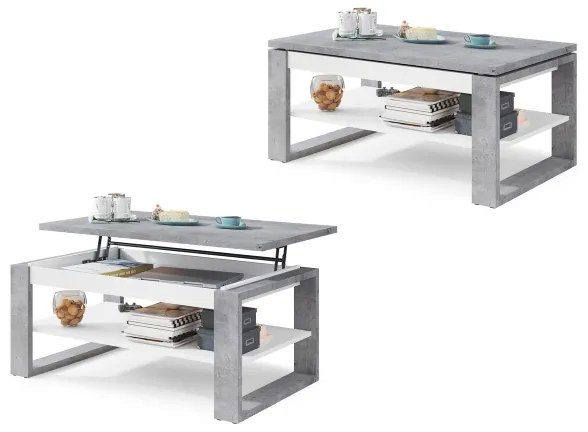 NEA dohányzóasztal emelhető asztallappal és polccal, beton szürke/fehér