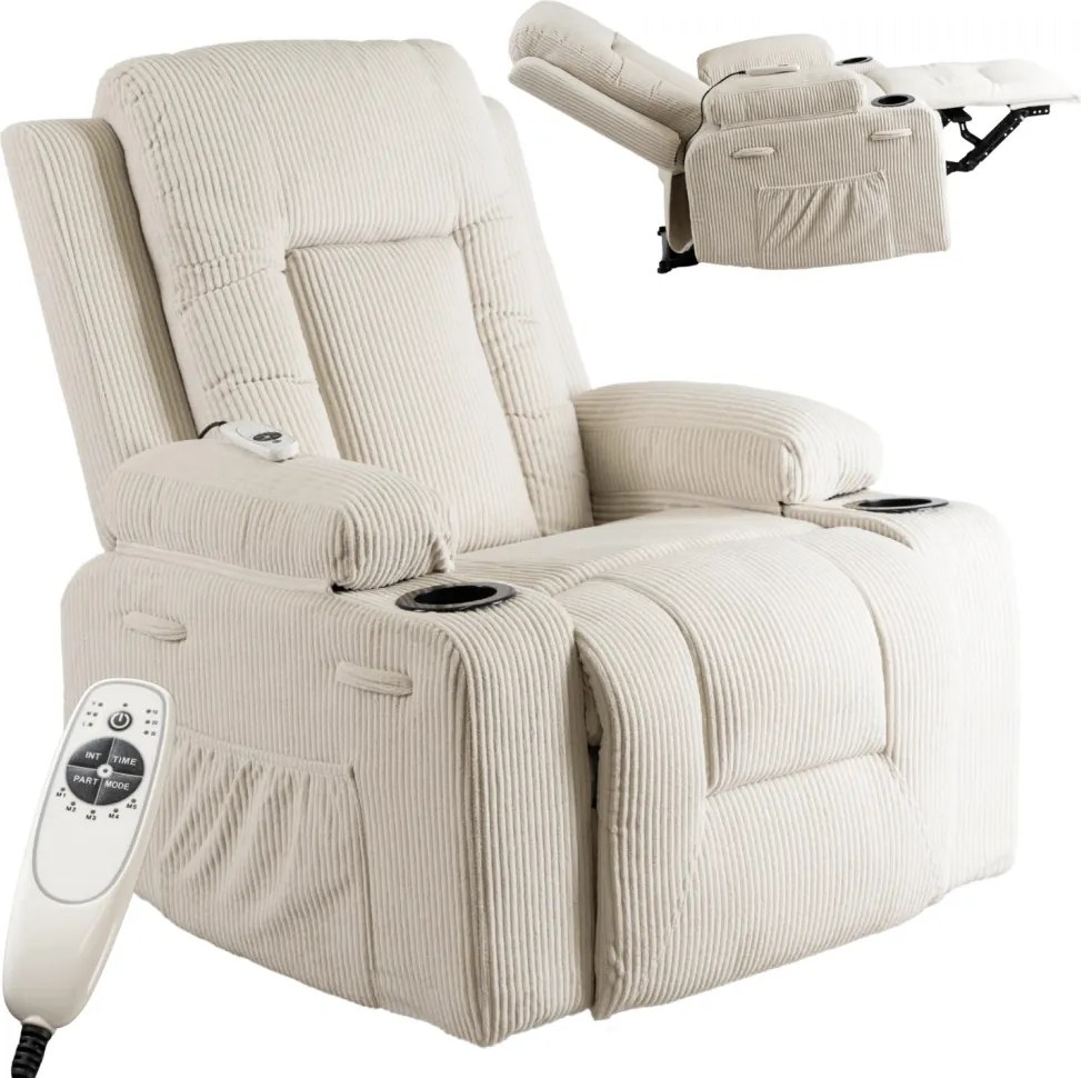 Fotel Rozkładany Masujący BOX Beżowy Sztruksowy