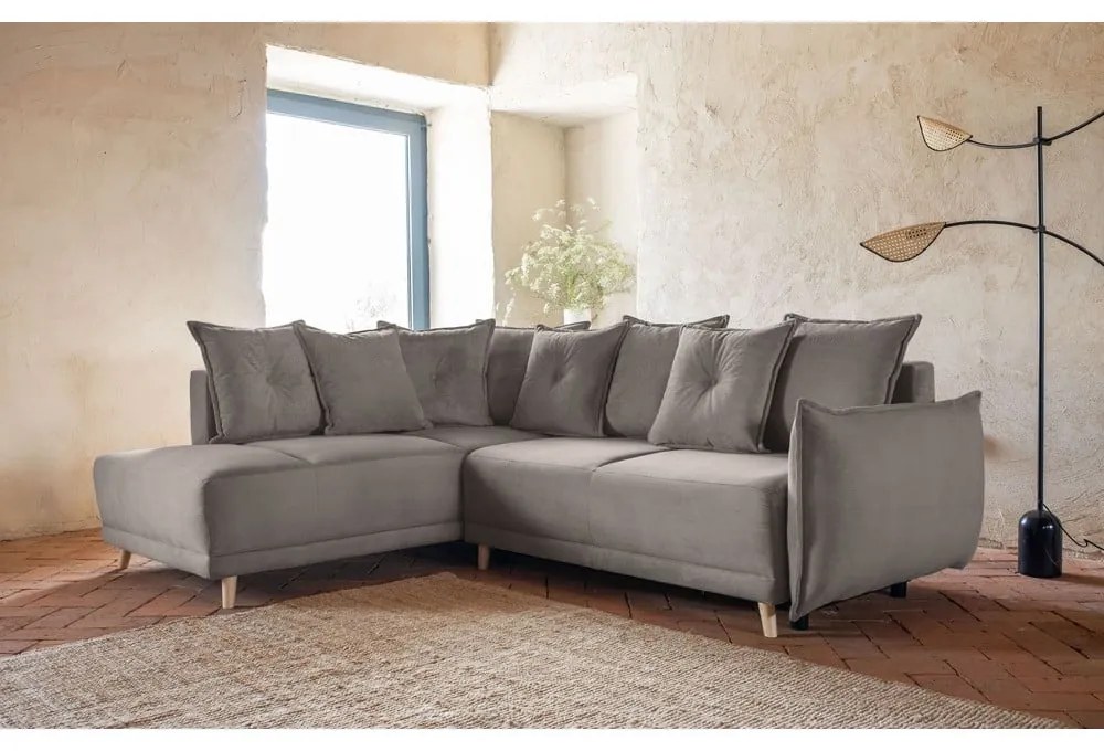 Világosbarna kordbársony kinyitható sarokkanapé (bal oldali) Lazy Lukka – Miuform