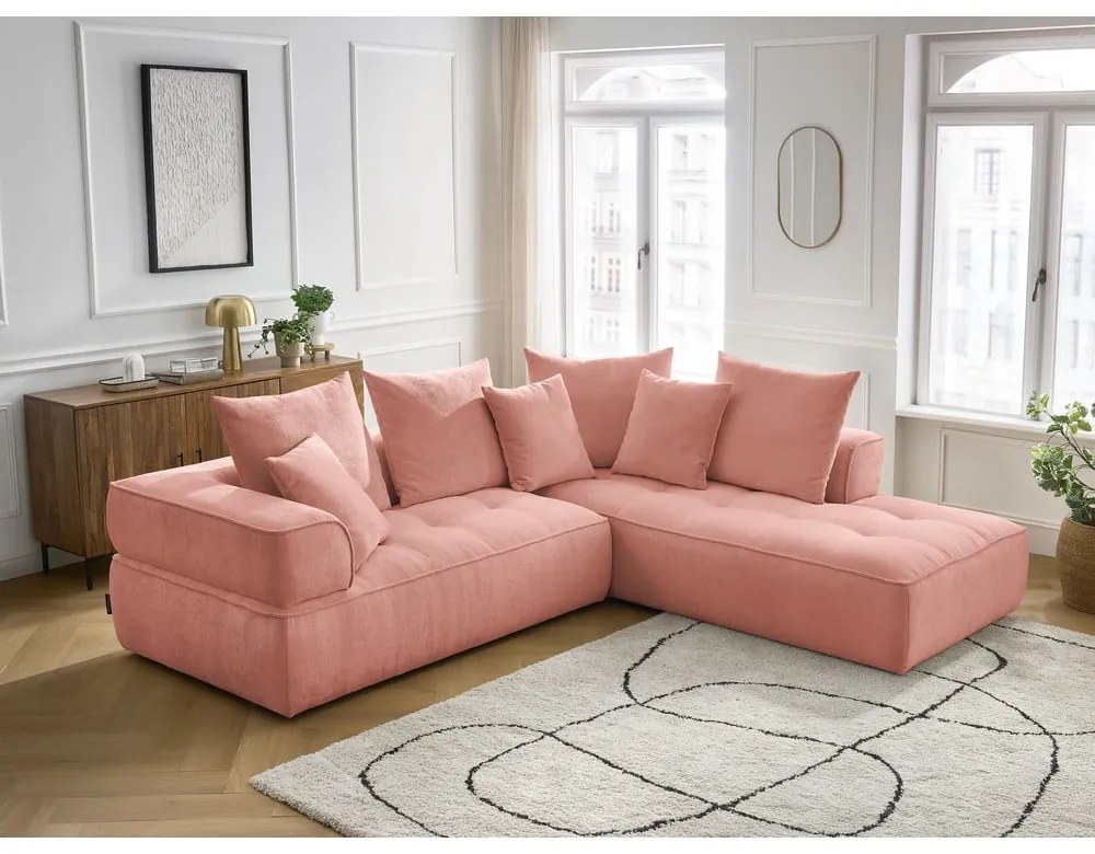 Rózsaszín zsenília sarokkanapé (jobb oldali-L alakú) Whesley – Bobochic Paris