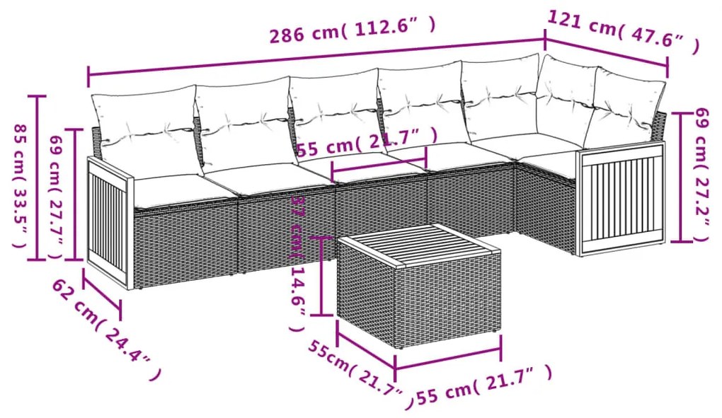 7 részes fekete polyrattan kerti ülőgarnitúra párnával