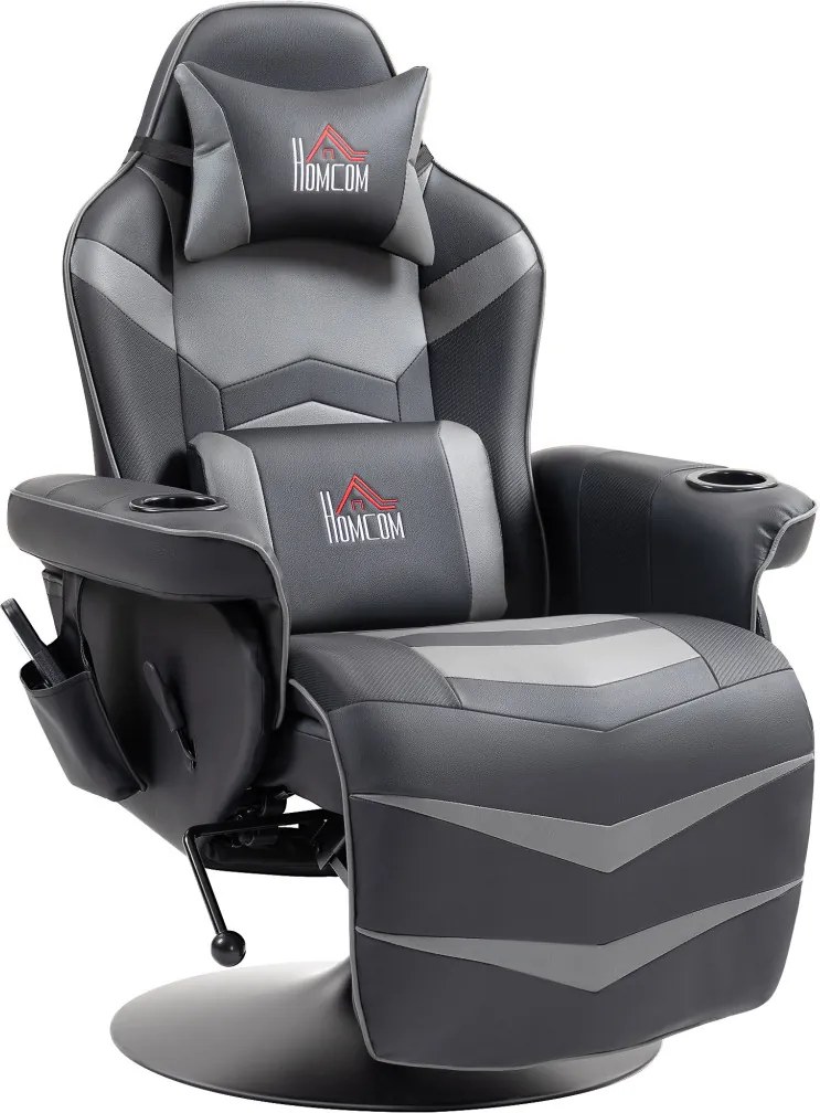 HOMCOM Gamer szék, masszázs funkció, dönthető háttámla, lábtartó, 120 kg-ig, acél keret, műbőr, szürke