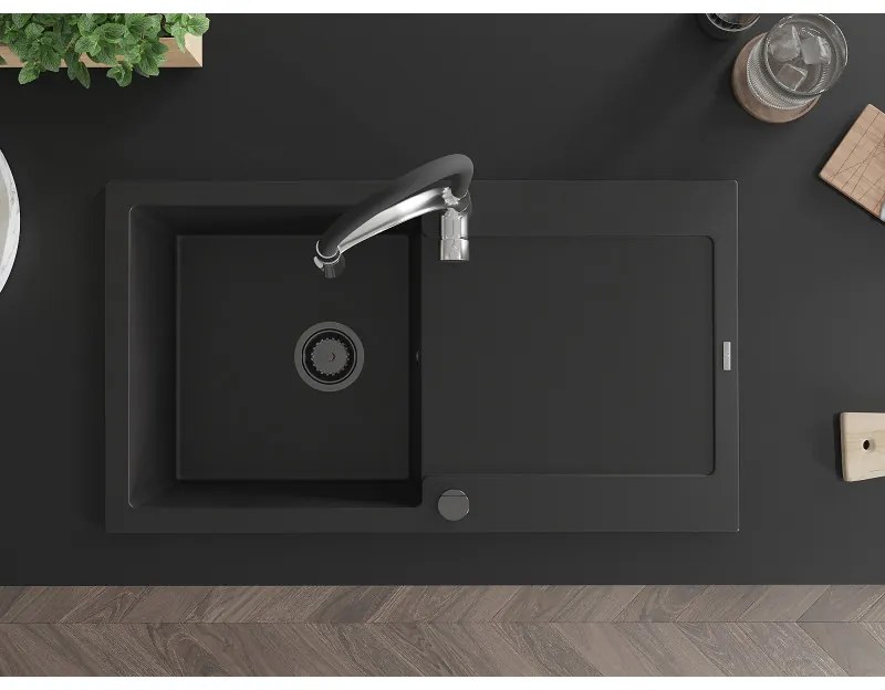 Mexen Leo, gránit mosogató 900x500x190 mm, 1 kamrás és Aster mosogató csaptelep, fekete, 6501-77-73450-07-B
