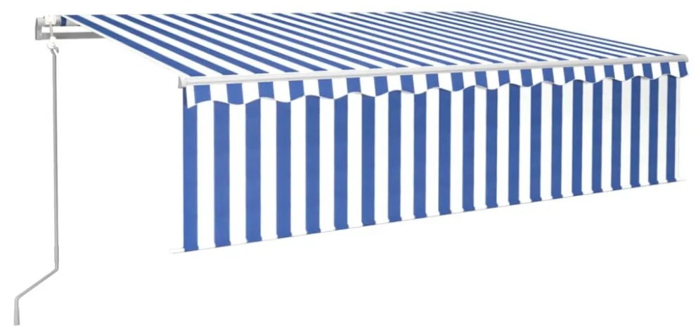 kék és fehér redőnyös, szélérzékelős, LED-es napellenző 6x3 m