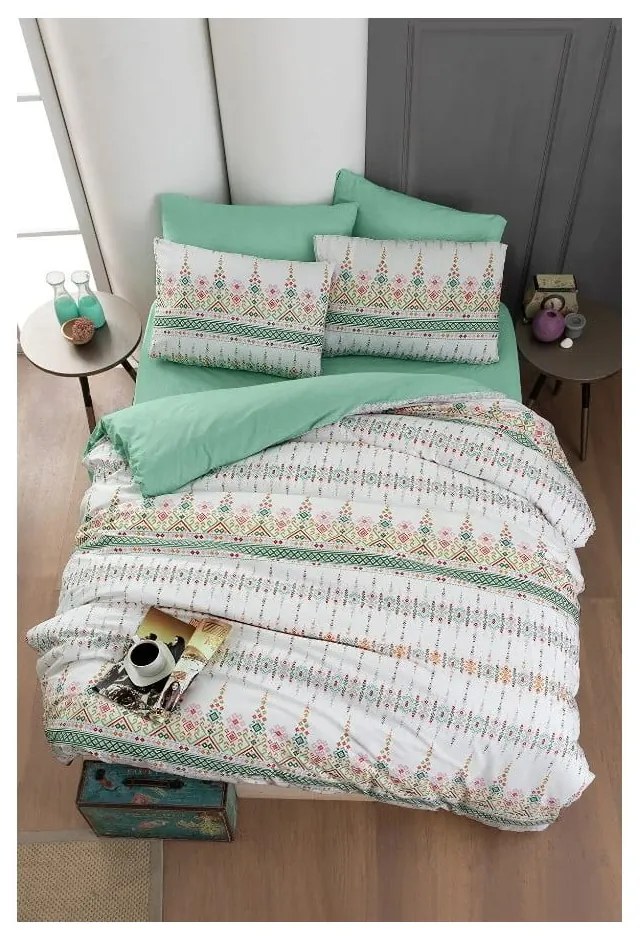 Fehér-zöld kétszemélyes hosszabbított ágyneműhuzat lepedővel, négyrészes 200x220 cm Ethnic – Mila Home