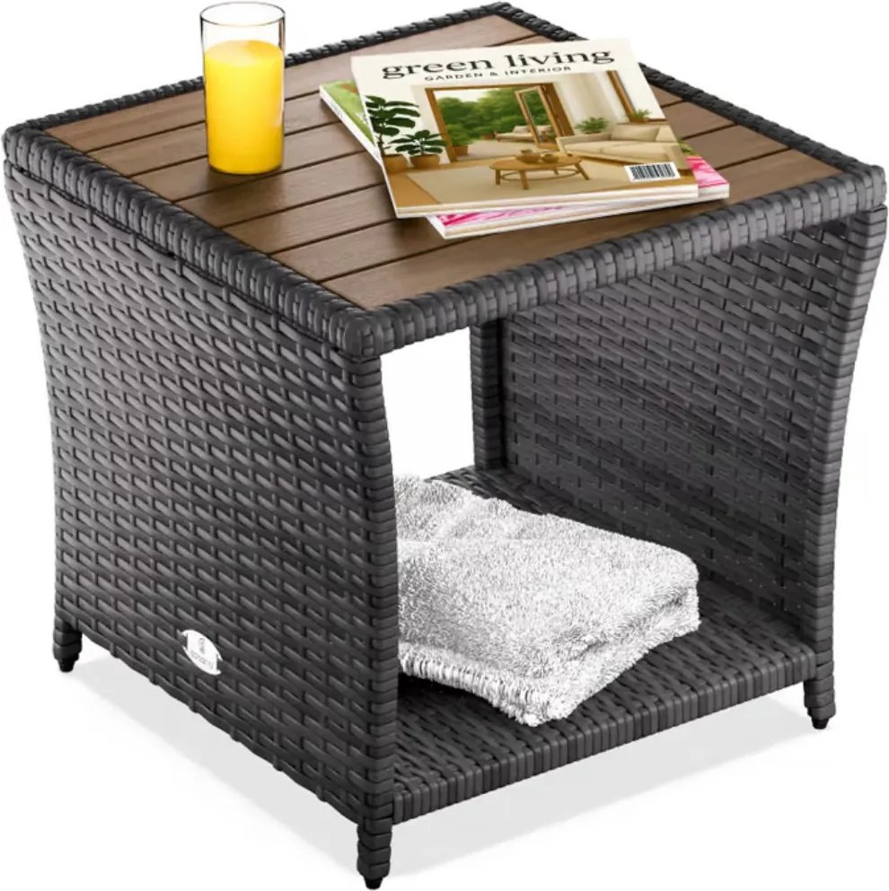 ROCCO polyrattan oldalasztal akácfával, 40x45x45cm, barna/szürke Casaria