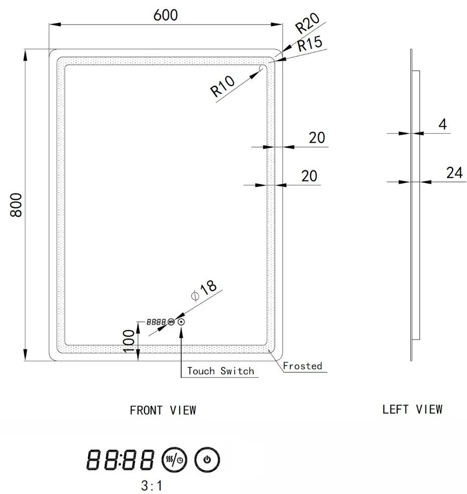 Tükör LED világítással 60x80cm | Páramentesítő funkció | Beépített óra | Fényerő és színhőmérséklet szabályozás | Welland Type-2V