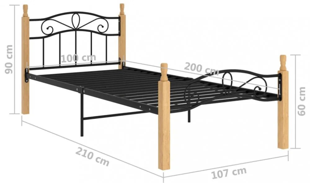 fekete fém és tömör tölgyfa ágykeret 100 x 200 cm