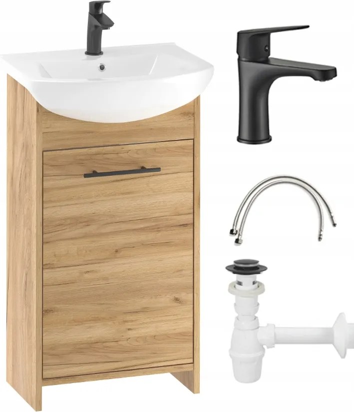 Fürdőszobaszekrény szett tölgy arany 45cm mosdóval fekete csapteleppel és szifonnal