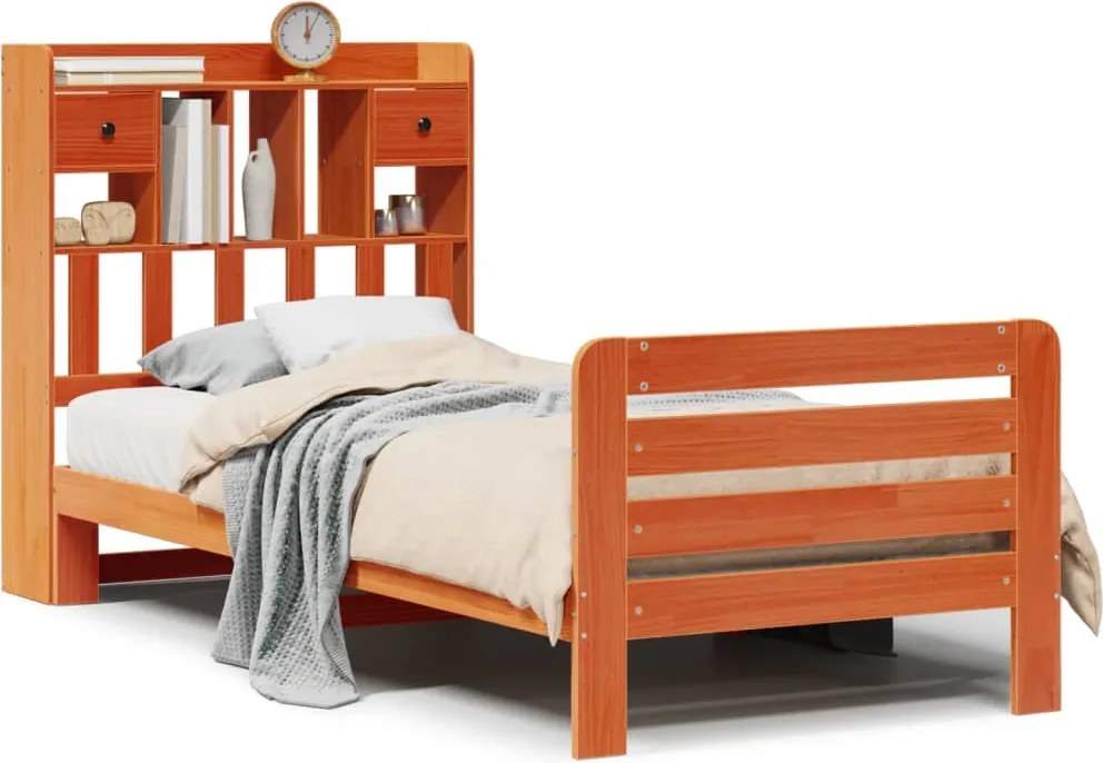vidaXL barna tömör fenyőfa könyvespolcos ágy matrac nélkül 75 x 190 cm