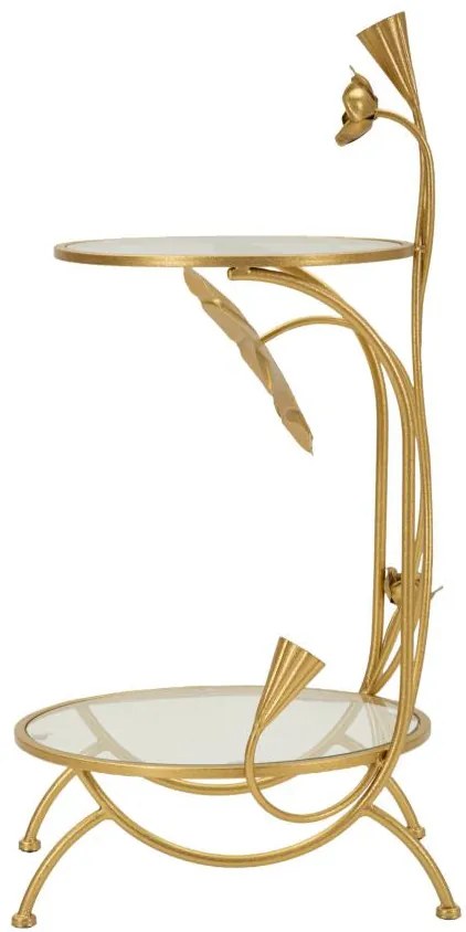 kétpolcos arany színű kisasztal virágdísszel és üveglappal – kortárs
