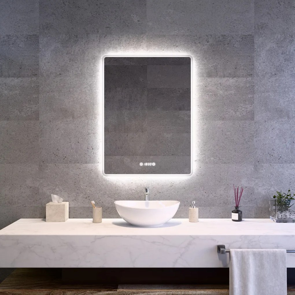 Álló fürdőszobai LED tükör 60x80cm | Páramentesítő - Óra - Fényerő és színhőmérséklet szabályozás | Welland Kath
