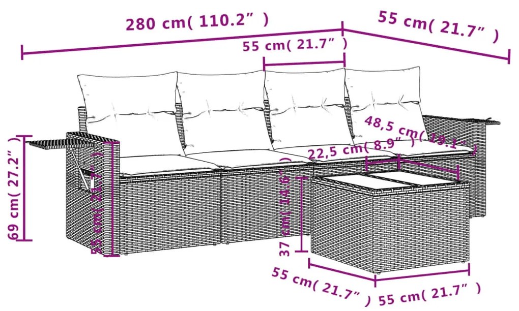 5 részes fekete polyrattan kerti kanapészett párnákkal