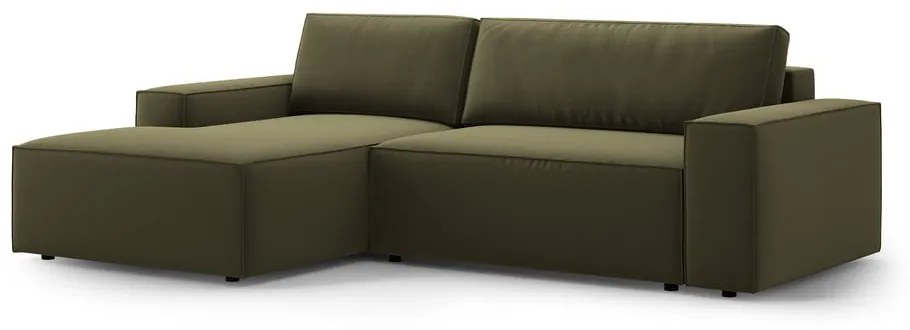 Zöld bársony kinyitható-tárolóhelyes sarokkanapé (bal oldali-heverő résszel) Jodie – Micadoni