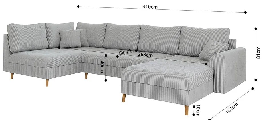 Világosszürke kordbársony sarokkanapé (bal oldali-U alakú) Ariella – Ropez