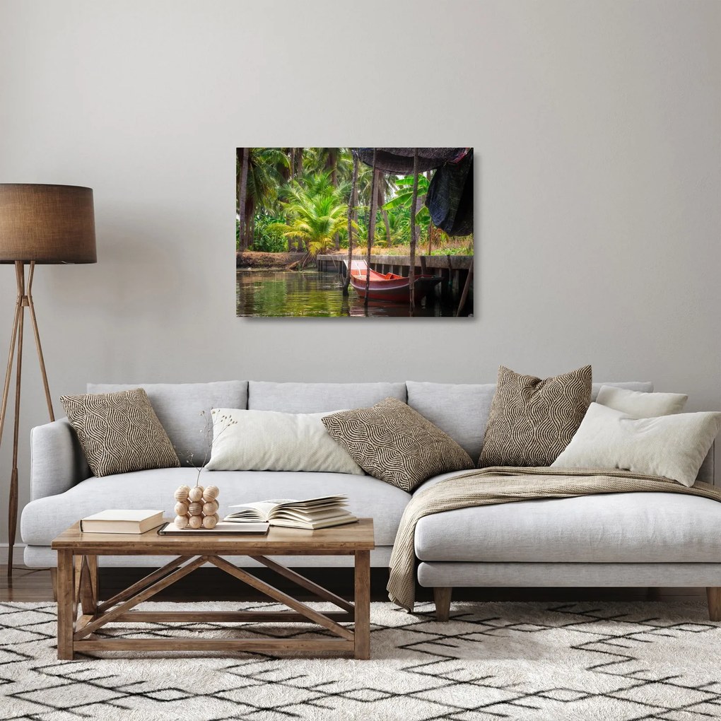 Kép - Fából készült hajó a csatornán, Thaiföld (üvegen) (70x50 cm)