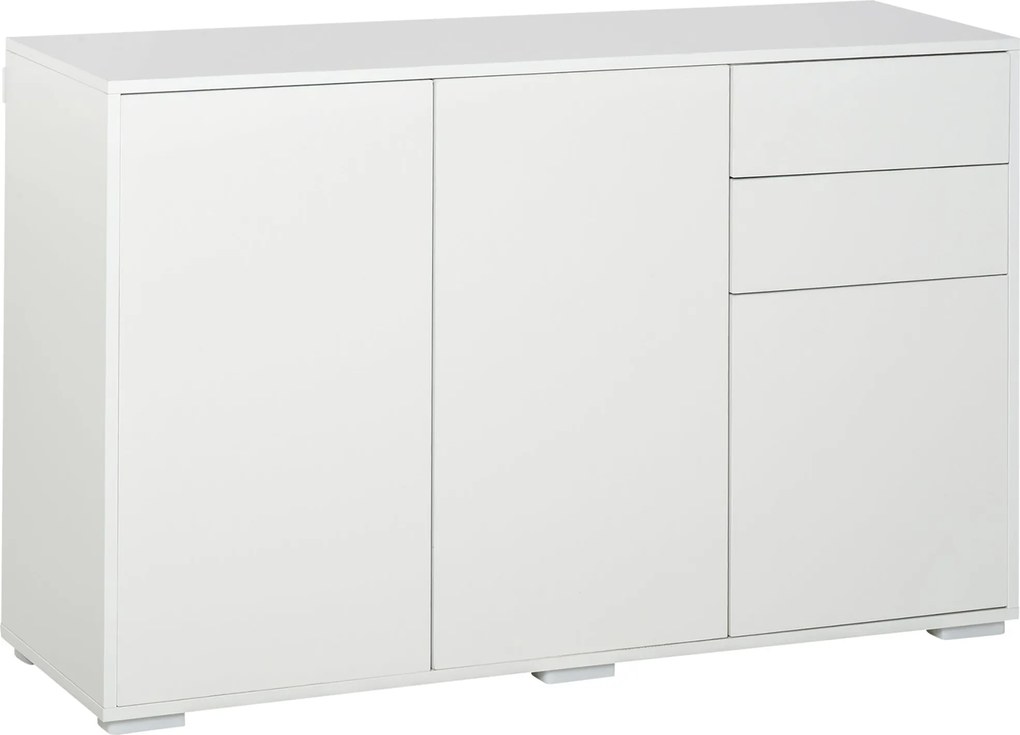 HOMCOM Tároló Buffet Szekrény 2 Csúszó Fiókkal, 3 Ajtóval, Állítható Polccal, Zsugorlemez Panelek, 117 x 36 x 74 cm, Fehér | Aosom