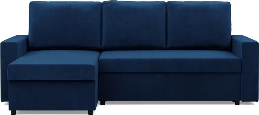 Zeus sarokkanapé, 2 ágyneműtartóval, egyenes kartámasz, bársony, univerzális oldal, bonell töltet, kék