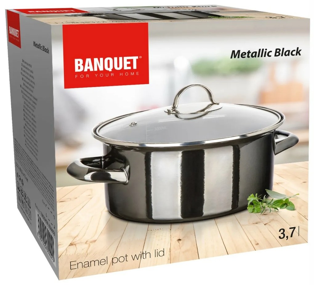 Banquet Emaille-beschichtete Pfanne METALLICSchwarz 22 cm, 3,7 5 l, mit Deckel, 22 cm