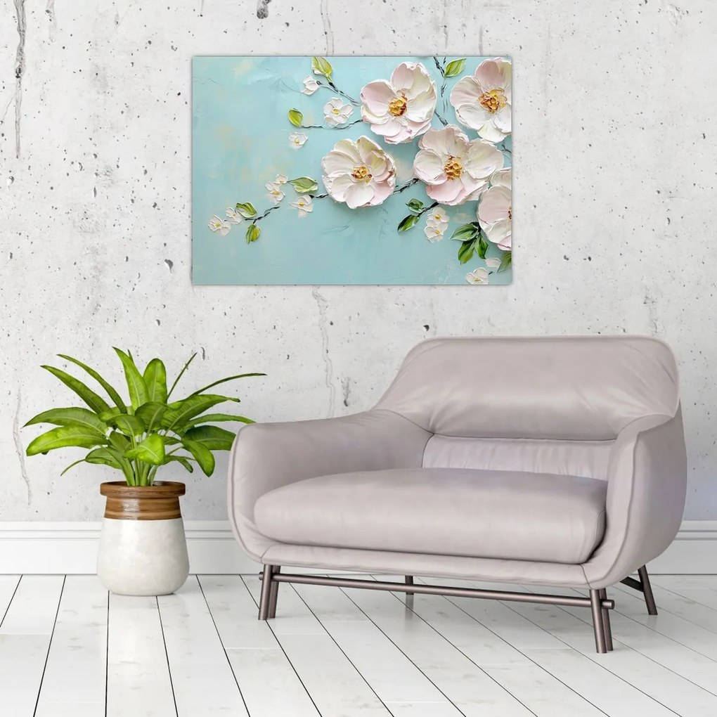 Üveg kép - Virágok kék háttéren (70x50 cm)