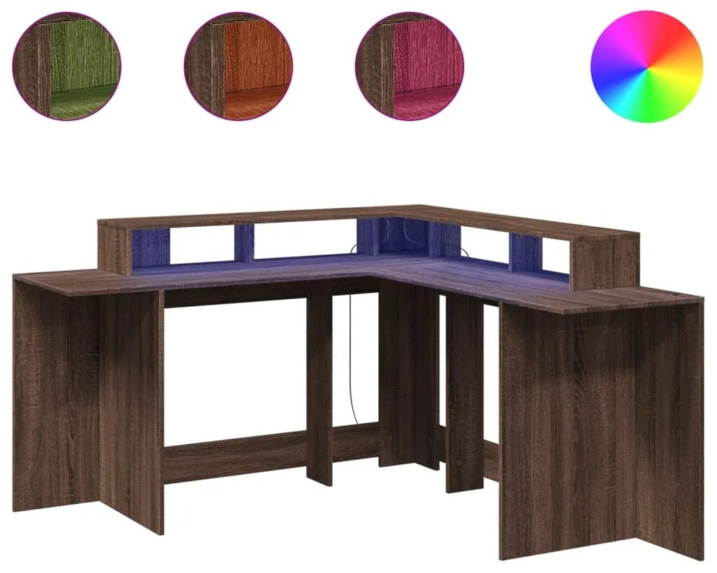 barna tölgy színű szerelt fa íróasztal LED-ekkel 152x152x91 cm