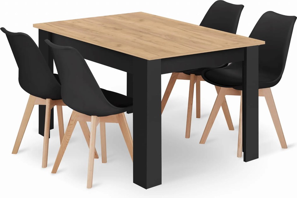 Étkezőasztal szett: NP 120×80 cm artisan/fekete + 4 db OSLO szék fekete/natúr láb